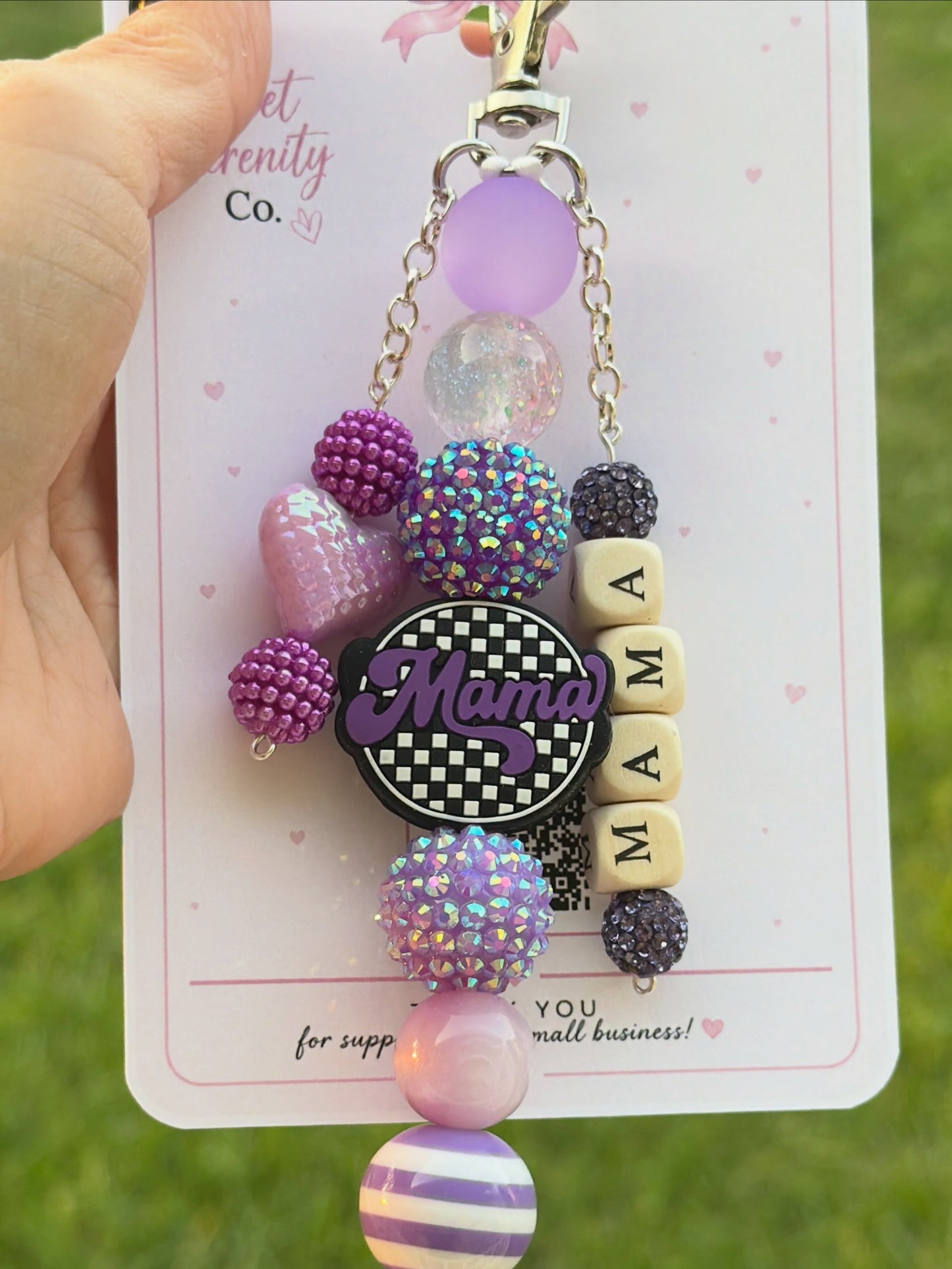 Purple Mama Beaded Keychain, Bag Charm, Phone Charm, Monochrome Vibrant Accents