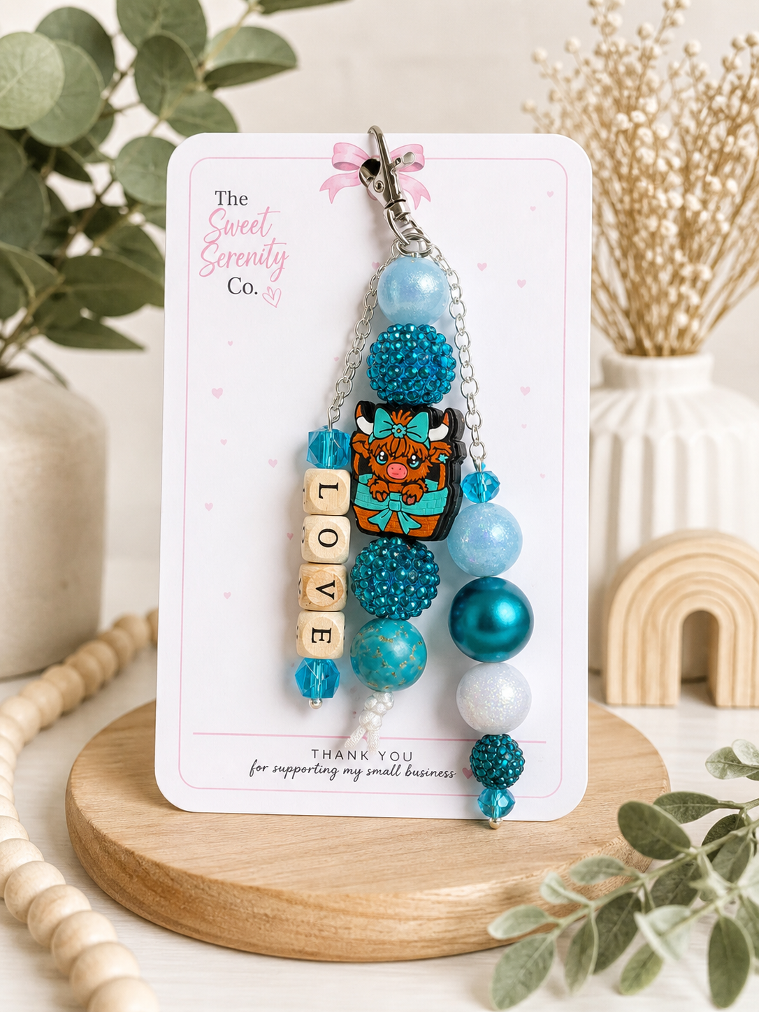 Highland Cow Beaded Keychain, Teal Blue Cow Keychain, LOVE Bead Charm, Cute Purse Charm, Bag Charm