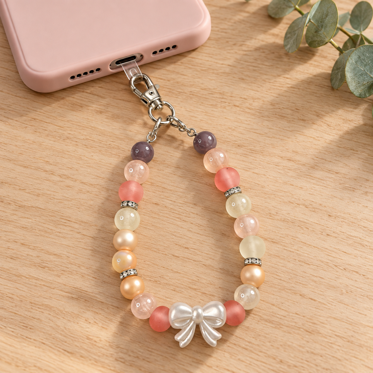 Handcrafted Phone Charm with Glass Beads & Bow Accent