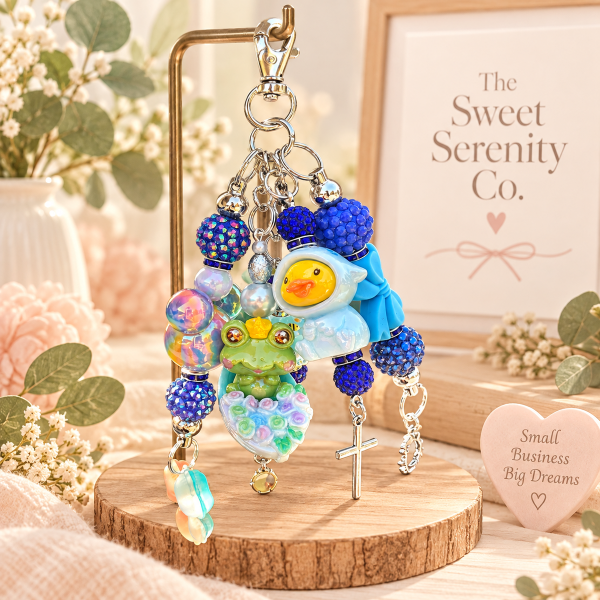 Cute Blue Keychain Purse Charm - Kawaii Duck & Frog Figurines, Handmade Christmas Gift