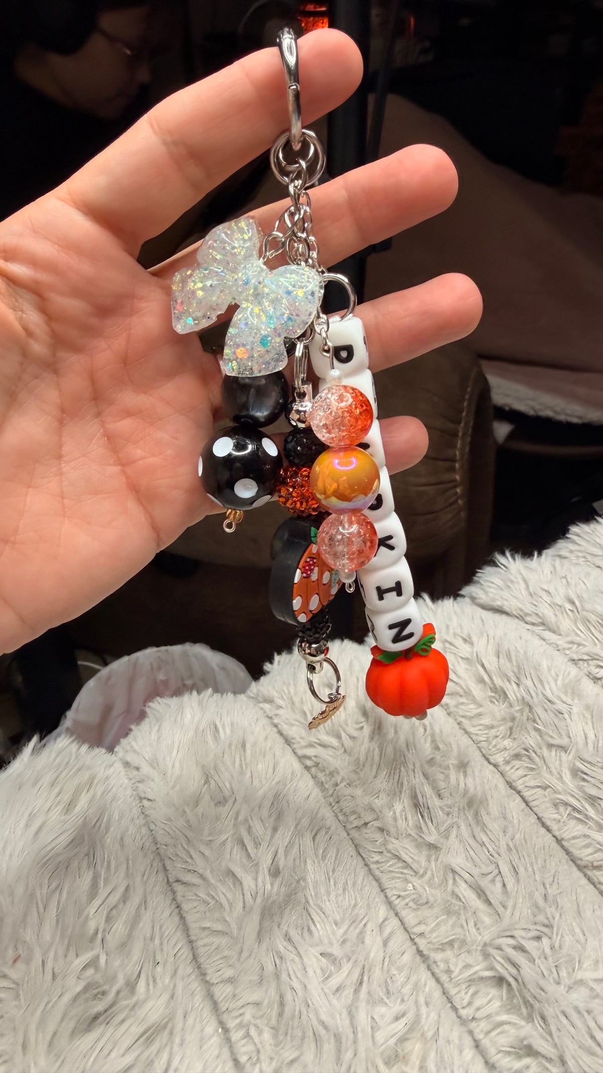 Fall pumpkin keychain with Beaded Charm, Handmade Acrylic Bag Charm, Custom Phone & Keychain, Holiday Gift