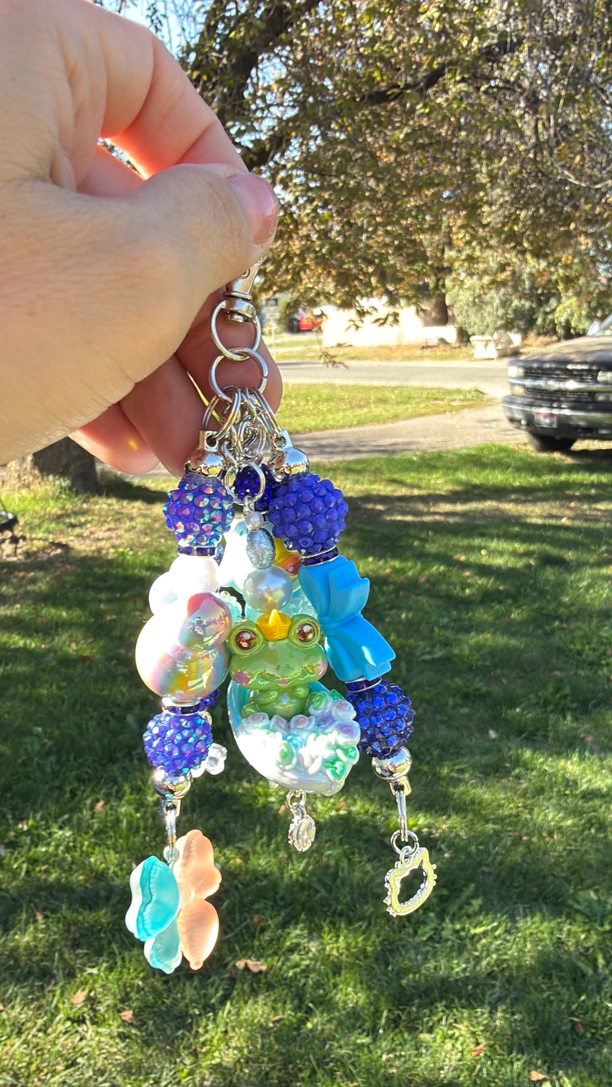 Cute Blue Keychain Purse Charm - Kawaii Duck & Frog Figurines, Handmade Christmas Gift