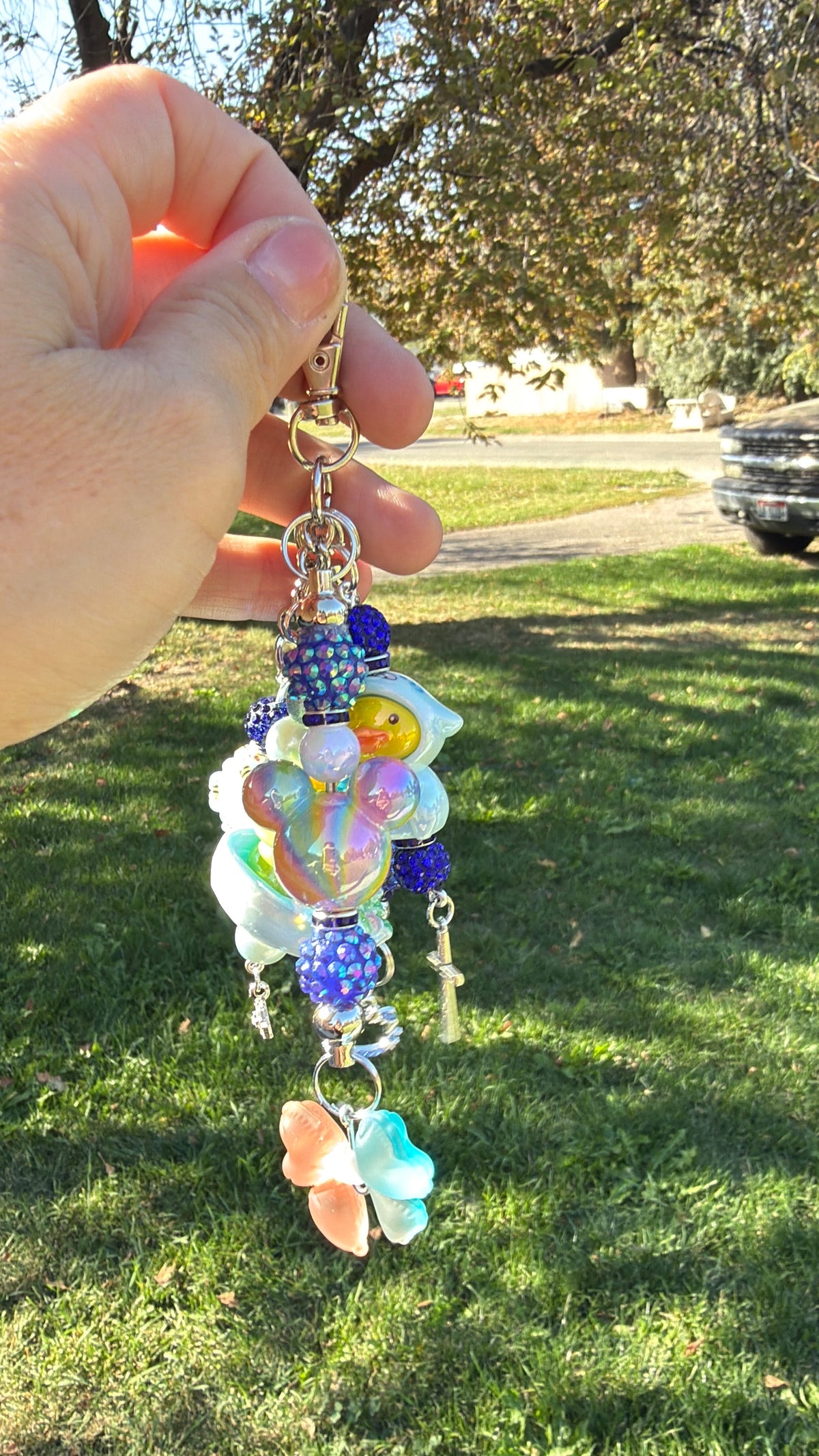 Cute Blue Keychain Purse Charm - Kawaii Duck & Frog Figurines, Handmade Christmas Gift