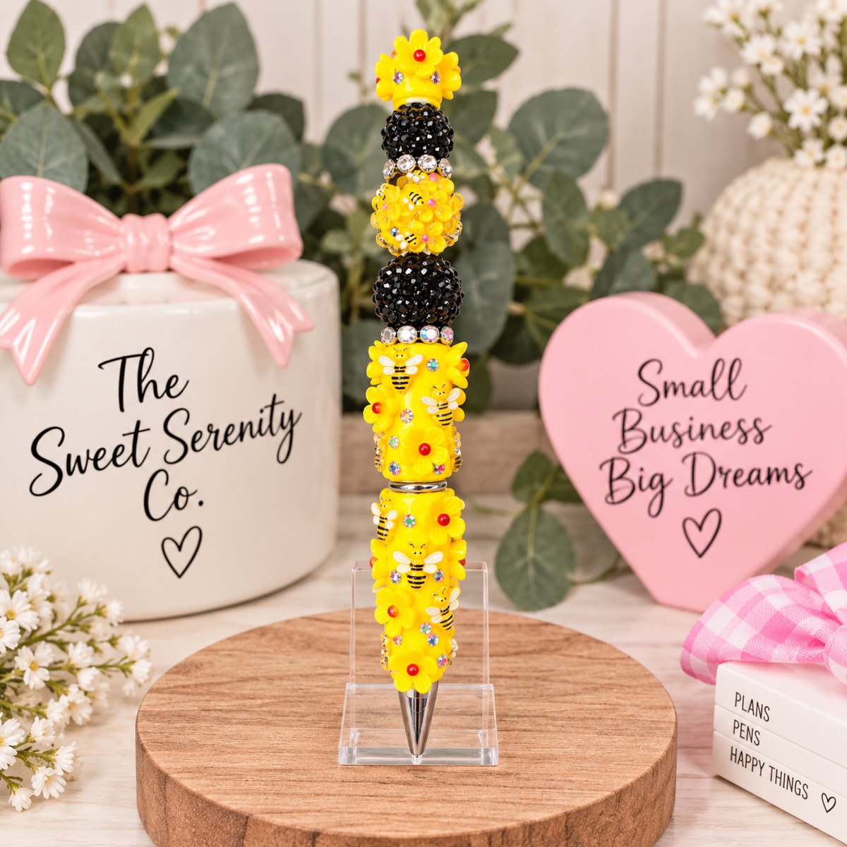 Custom Beaded Pen with Bees & Flowers - Artisan Writing Instrument