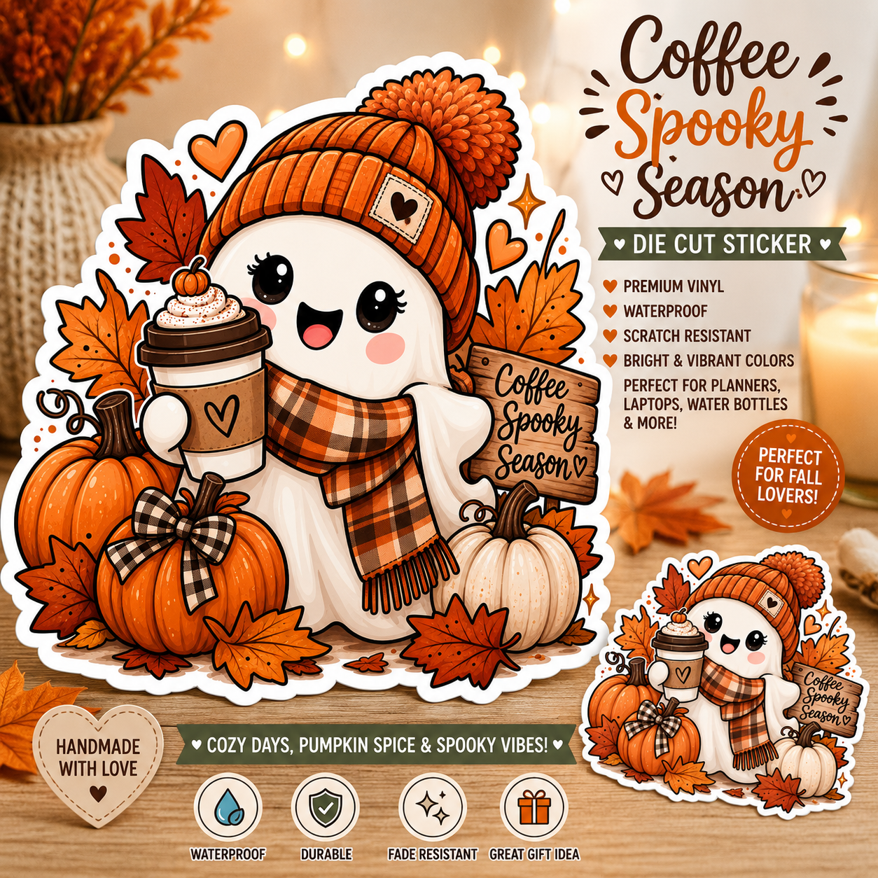 Fall Vibes Sticker, autumn leaves pumpkins, seasonal scrapbook planner decor, fall-themed craft supplies, kawaii fall sticker design