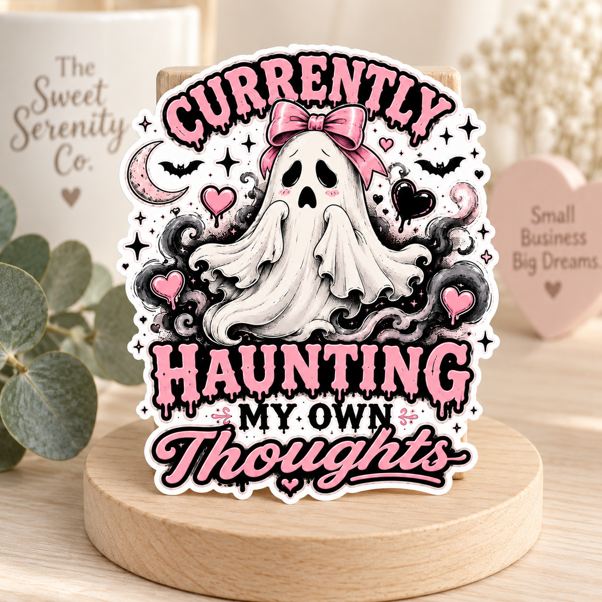 Currently Haunting My Own Thoughts Ghost Sticker, Pink Coquette Bow, Spooky Halloween Mental Health Sticker