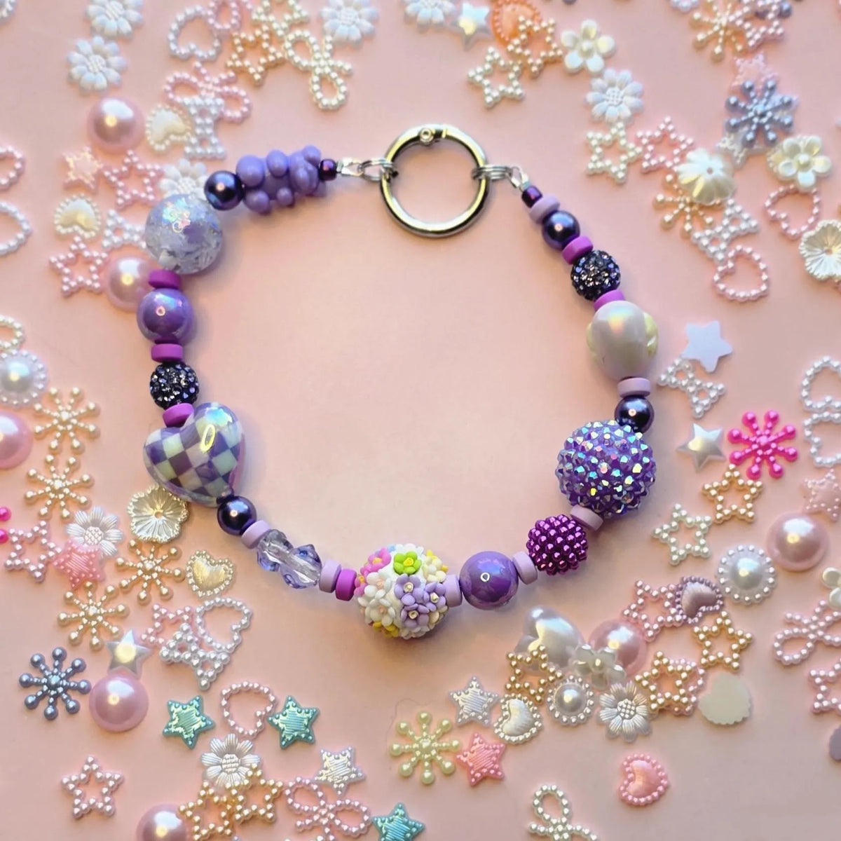 Kawaii Coquette Wristlet Keychain, Handmade Pastel Beaded Charm, Purple Pearl and Glitter Accent, Cute Bag Charm, Aesthetic Accessory