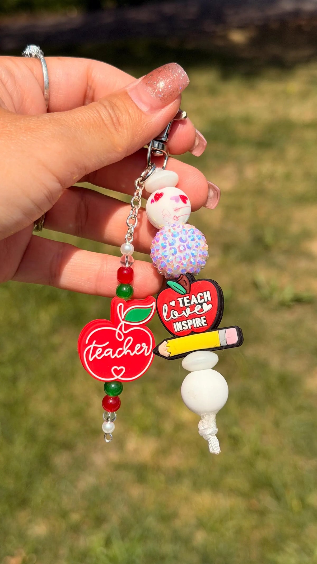 Teacher Keychain, Handmade Beaded Keyring for Teachers, Black & White Beaded Bag Charm, Teacher Appreciation Gift, Phone Charm