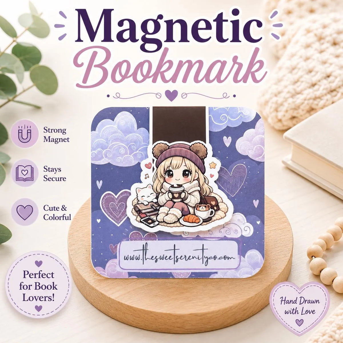 Hand-Drawn Girl & Coffee Magnetic Bookmark, Cute Book Lover Gift, Handmade Stationery, Bookish Accessories, Cozy Reading Gift for Bookworms