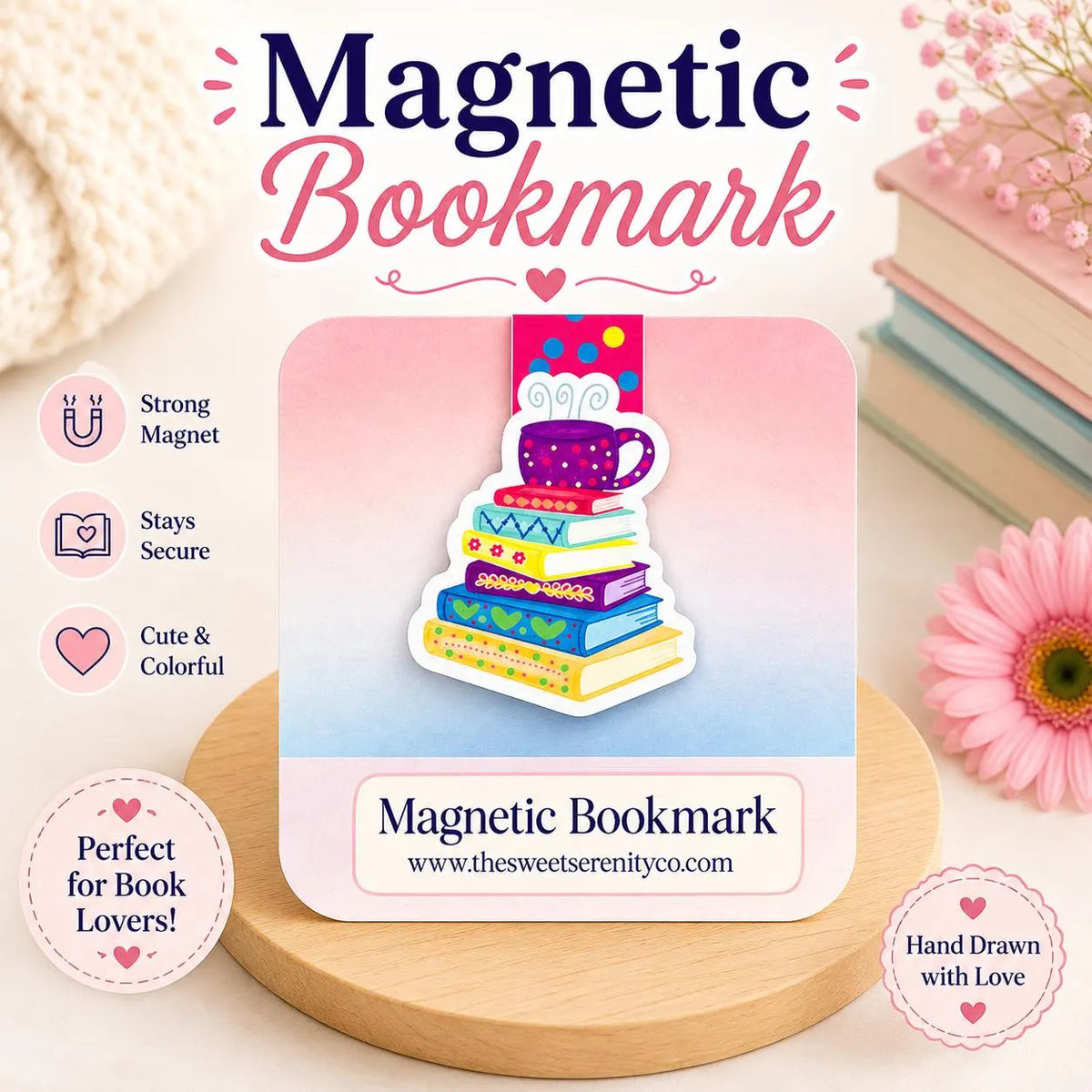 Handmade Magnetic Bookmark with Stack of Books and Cup of Tea Illustration, Cute Bookish Stationery, Cozy Gift for Readers