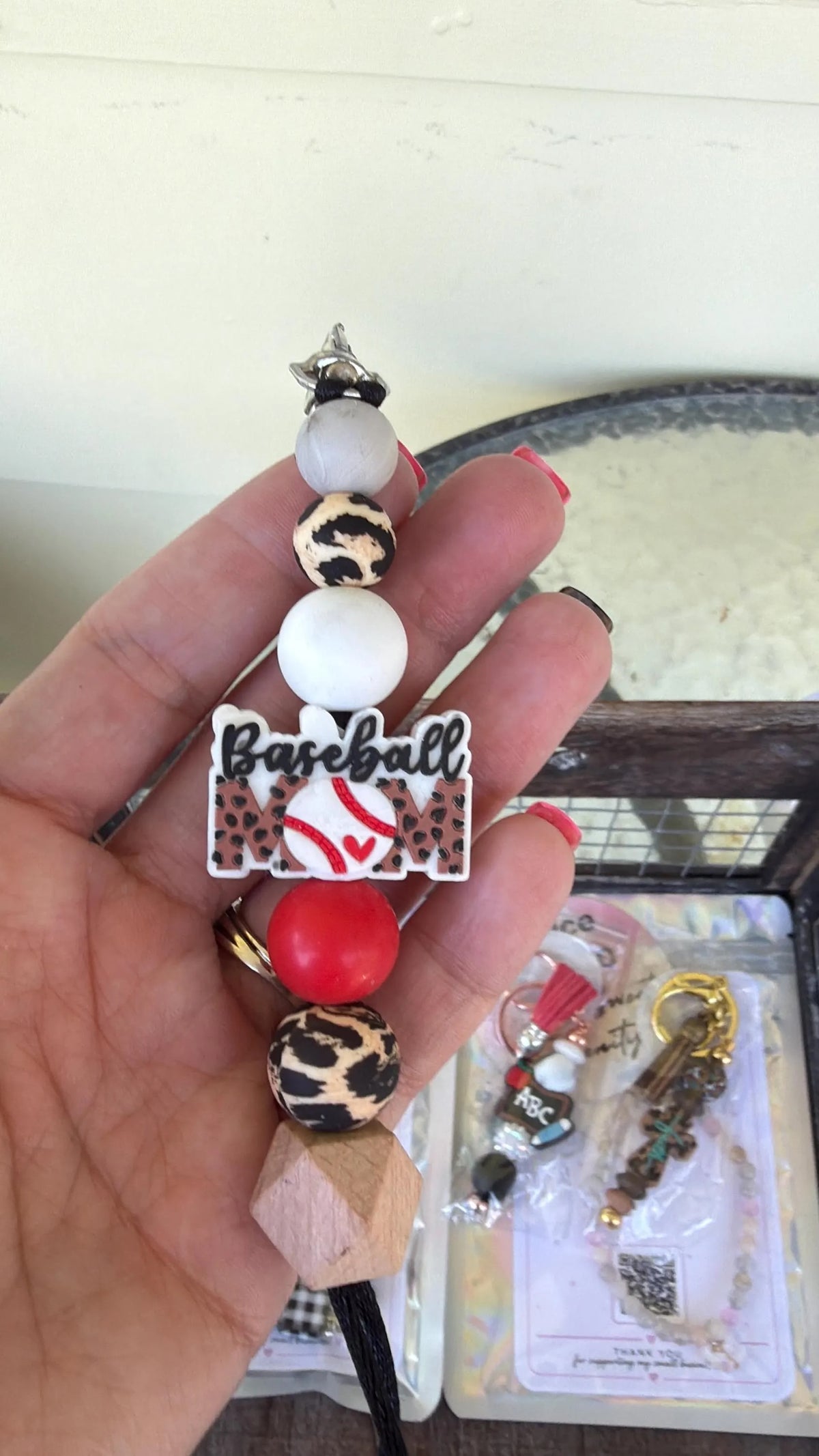 Baseball Mom Small Keychain, Handmade Beaded Keychain, Red Black Leopard Pattern, Gift for Mom, Keyring for Keys, Bag Charm, Sports Fan Gift