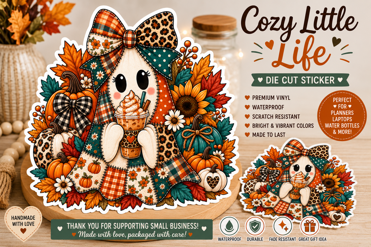 Cozy Little Life Ghost Sticker, Cute Fall Vinyl Sticker, Patchwork Ghost Sticker, Pumpkin Spice Sticker, Autumn Halloween Sticker
