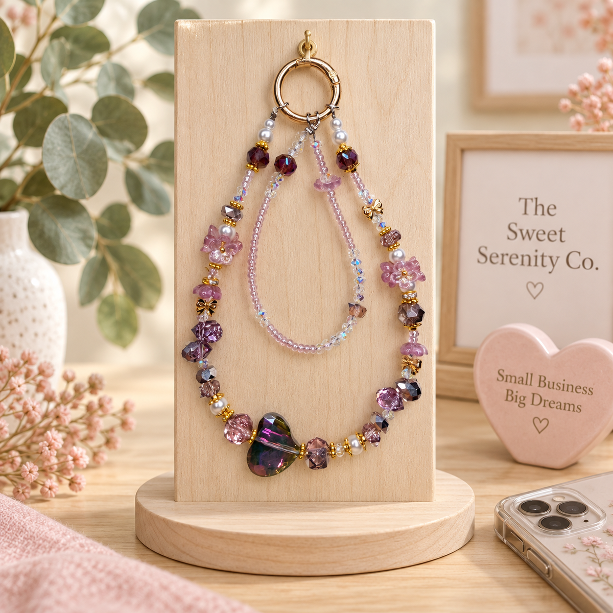 Purple flower phone charm with beaded butterfly and gemstone accents, jewelry accessory for phone, cute gift for women and girls