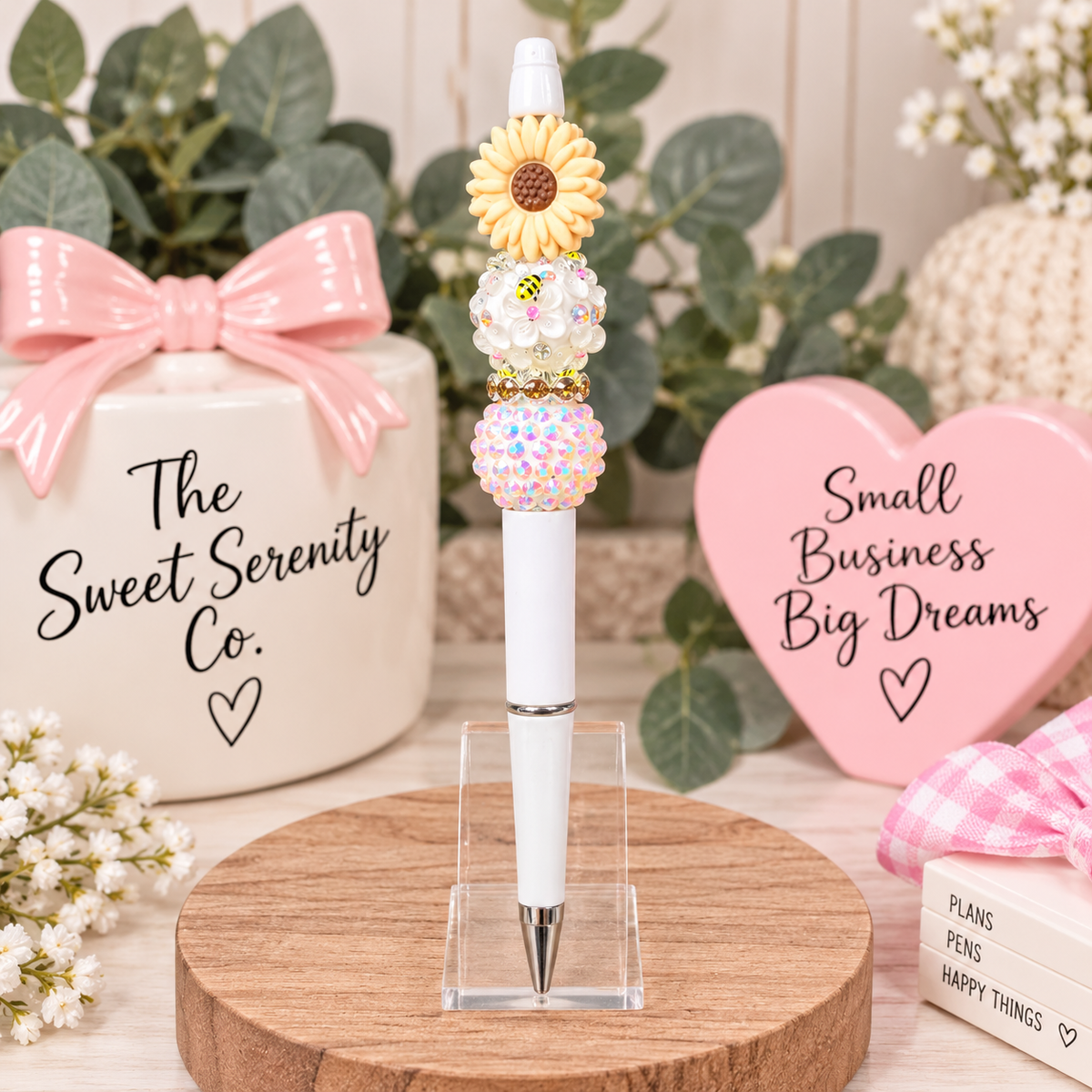 Custom Hand Beaded Pen with Sunflower Design - Perfect Gift