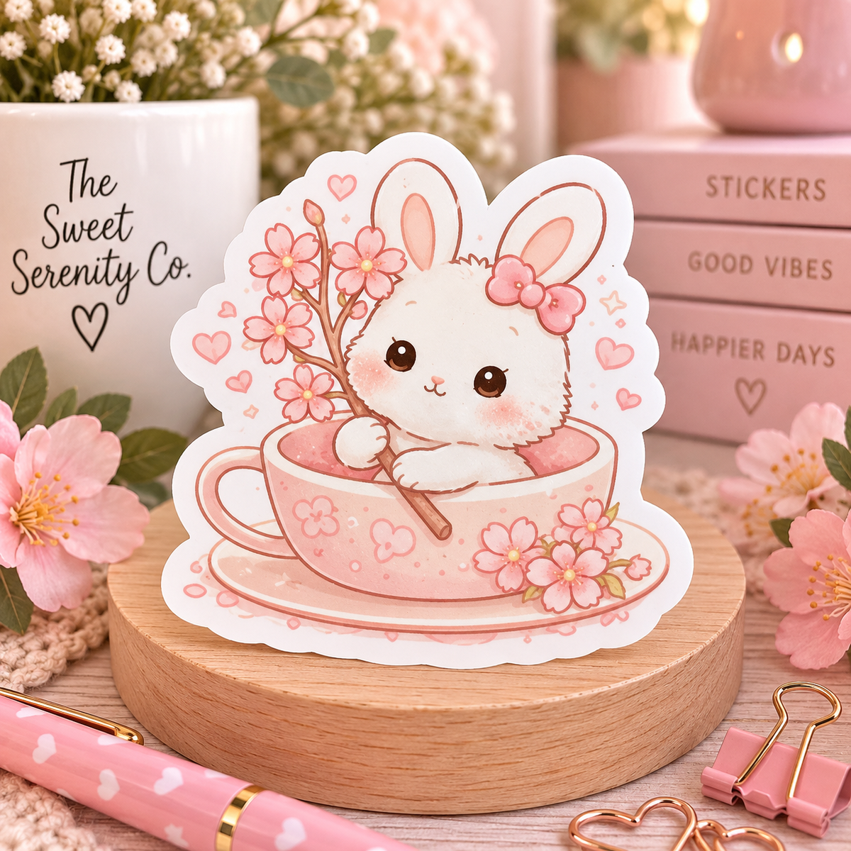 Rabbit In Teacup Sticker, Cute Bunny Vinyl Sticker, Cozy Aesthetic Stationery Decor, Whimsical Handmade Sticker for Journals & Water Bottles