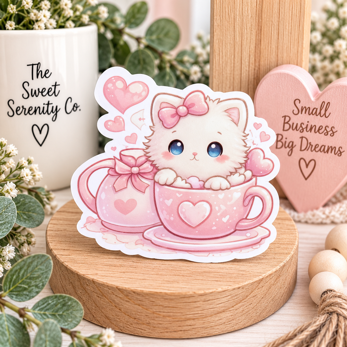 Adorable Kitten in Teacup Vinyl Sticker - Cute Cat Decor
