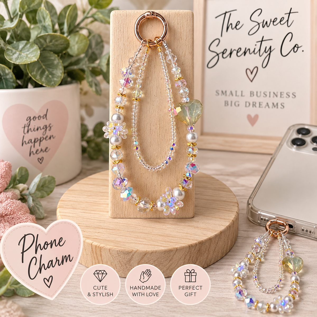 Sparkly heart phone charm with beads and floral accents, adorable accessory for smartphones, cute phone charm gift idea
