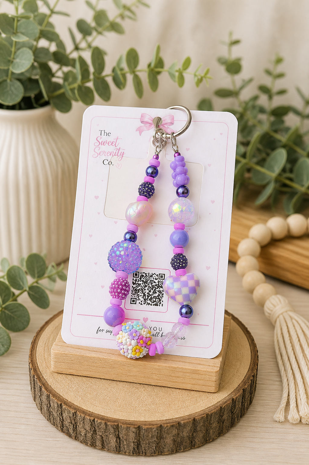 Kawaii Coquette Wristlet Keychain, Handmade Pastel Beaded Charm, Purple Pearl and Glitter Accent, Cute Bag Charm, Aesthetic Accessory