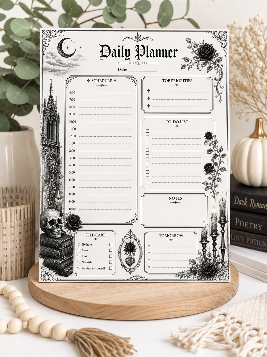 Gothic Daily Planner | Dark Academia Planner | Witchy Daily Organizer | Black Rose Gothic Stationery