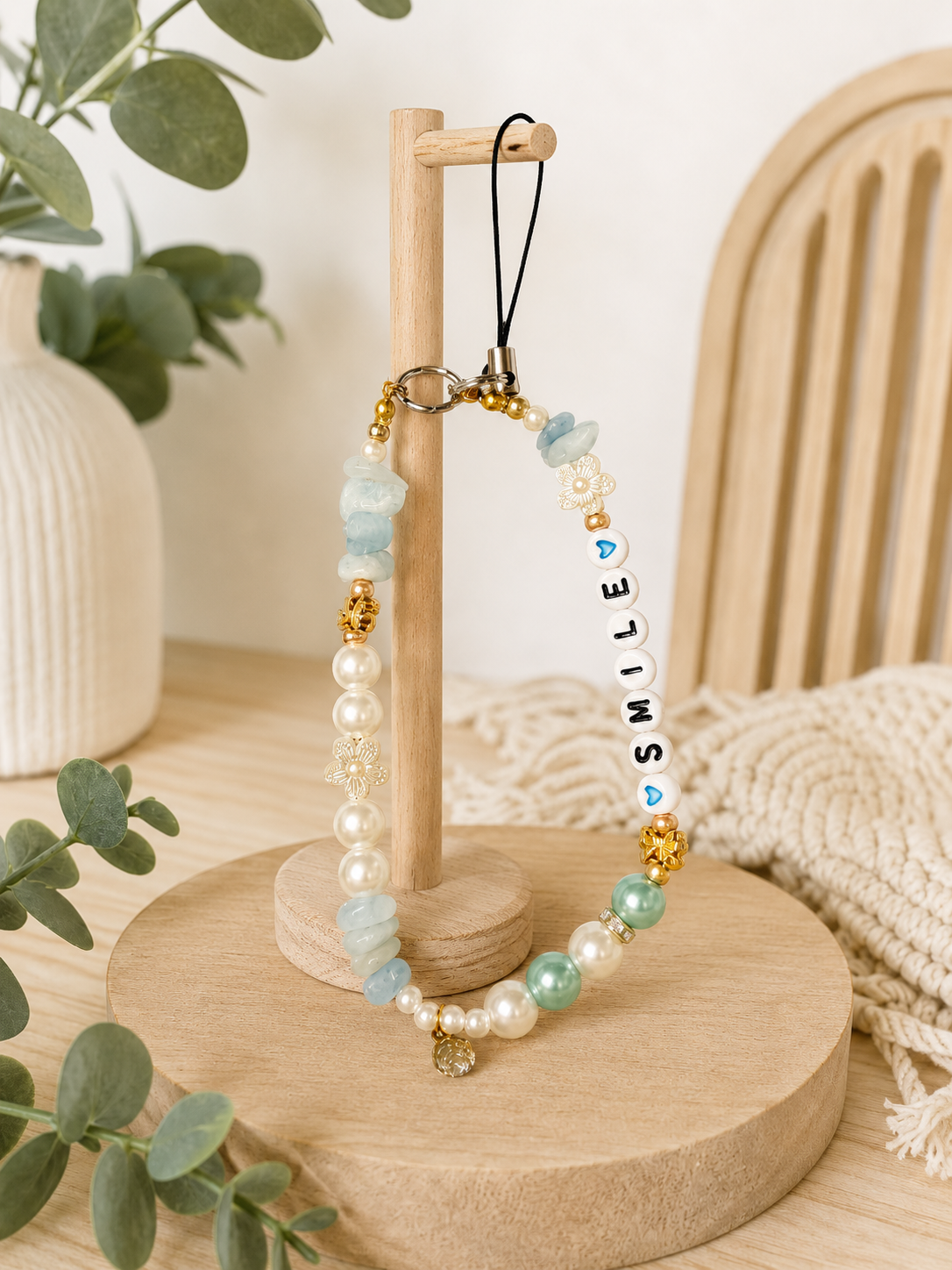 Personalized Phone Charm Keychain with Beaded Accent, Custom Color Options, Natural-Style Stone / Chip Beads, Unique Gift for Her
