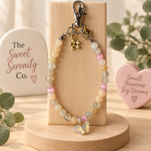 Cute pastel beaded phone charm with butterfly pendant, ideal for iPhone and Android, jewelry accessory, gift for teens and women