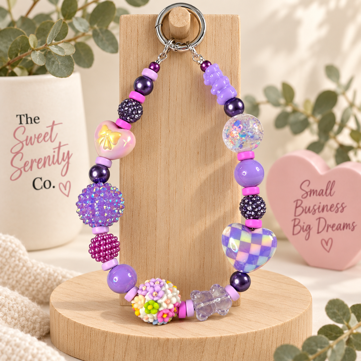 Kawaii Coquette Wristlet Keychain, Handmade Pastel Beaded Charm, Purple Pearl and Glitter Accent, Cute Bag Charm, Aesthetic Accessory