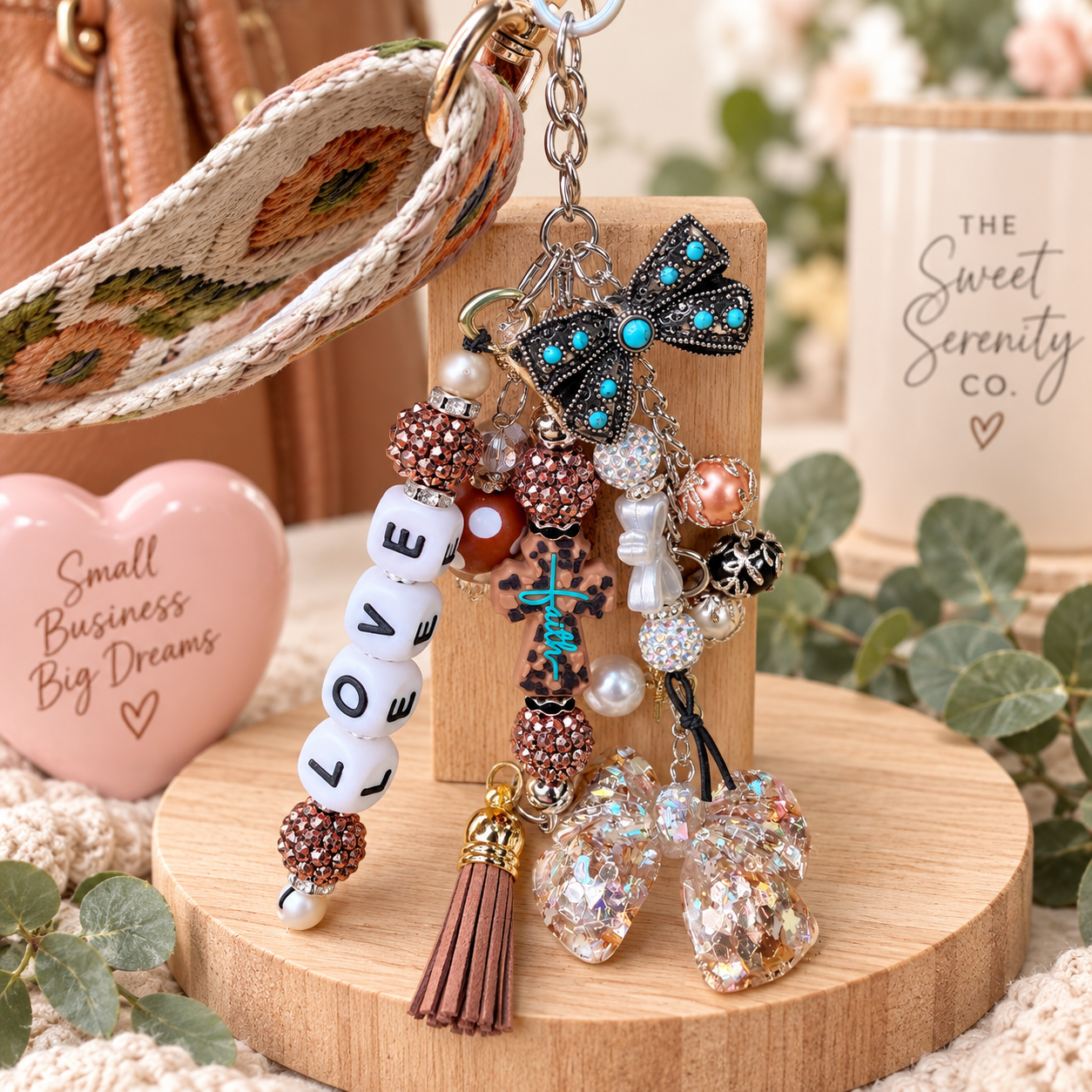 Western faith purse charm, beaded bag charm with turquoise bow, rhinestone cross, cowgirl keychain, cute purse accessory, love charm