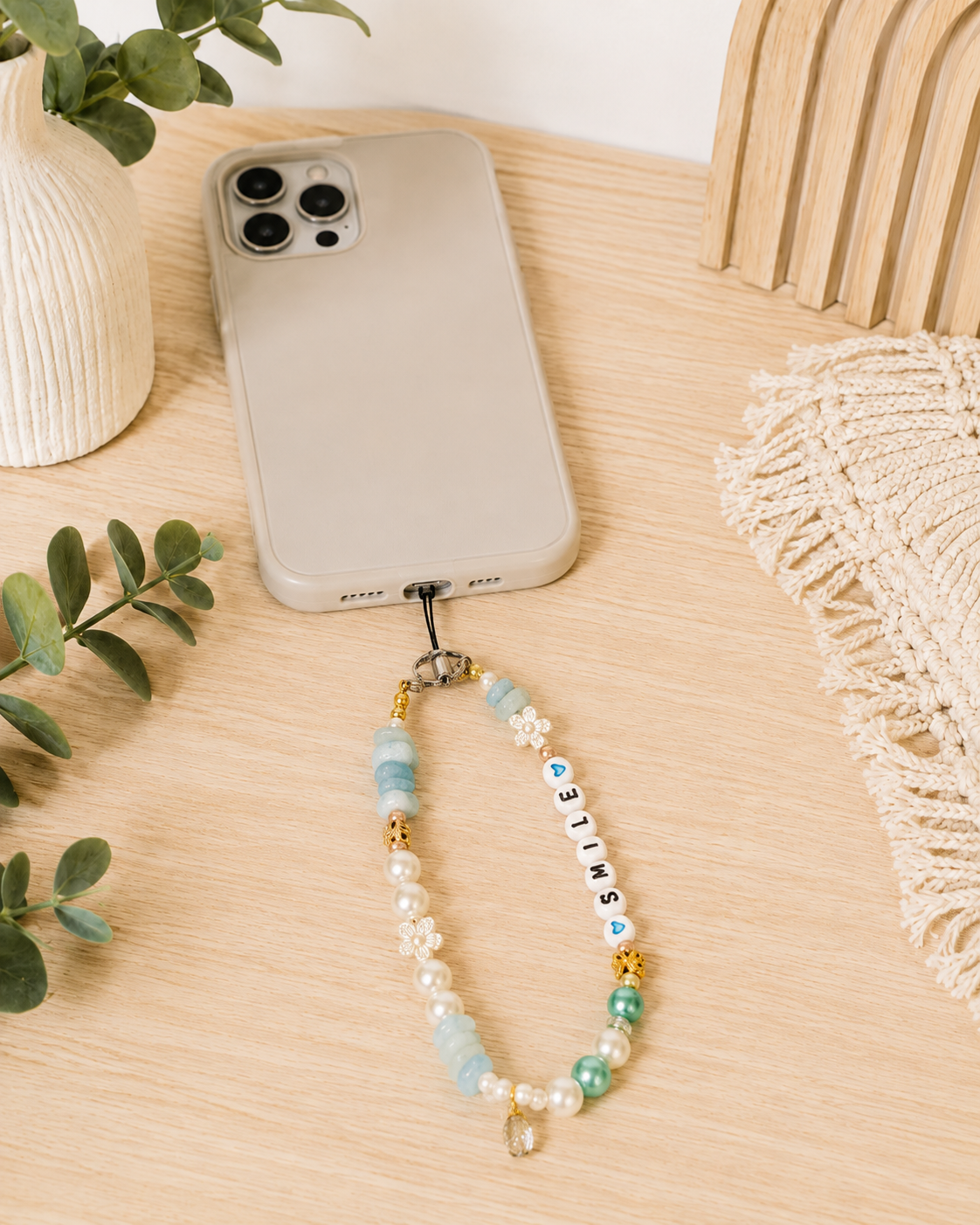 Personalized Phone Charm Keychain with Beaded Accent, Custom Color Options, Natural-Style Stone / Chip Beads, Unique Gift for Her