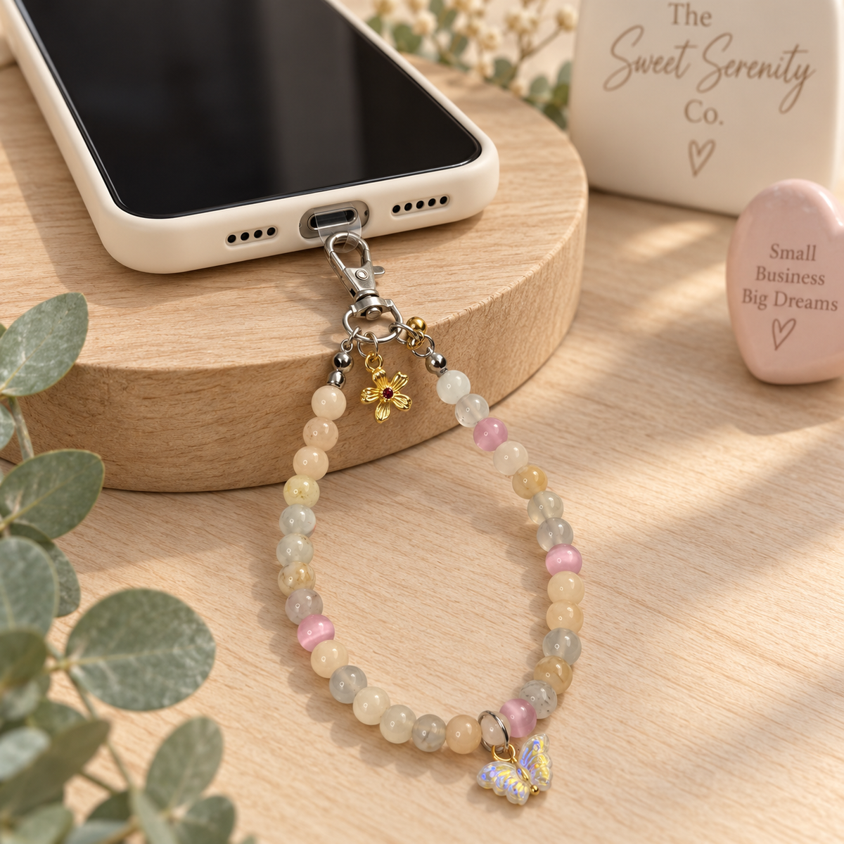 Cute pastel beaded phone charm with butterfly pendant, ideal for iPhone and Android, jewelry accessory, gift for teens and women