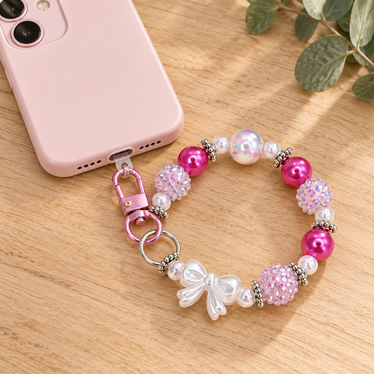 Pink Phone Charm, Handmade Beaded Keychain, Cute Accessories for Phones, Bags, Keys, Soft Color Jewelry
