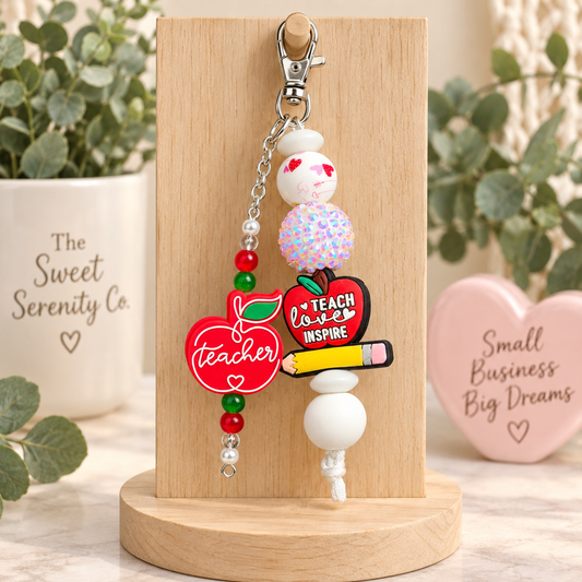Teacher Keychain, Handmade Beaded Keyring for Teachers, Black & White Beaded Bag Charm, Teacher Appreciation Gift, Phone Charm