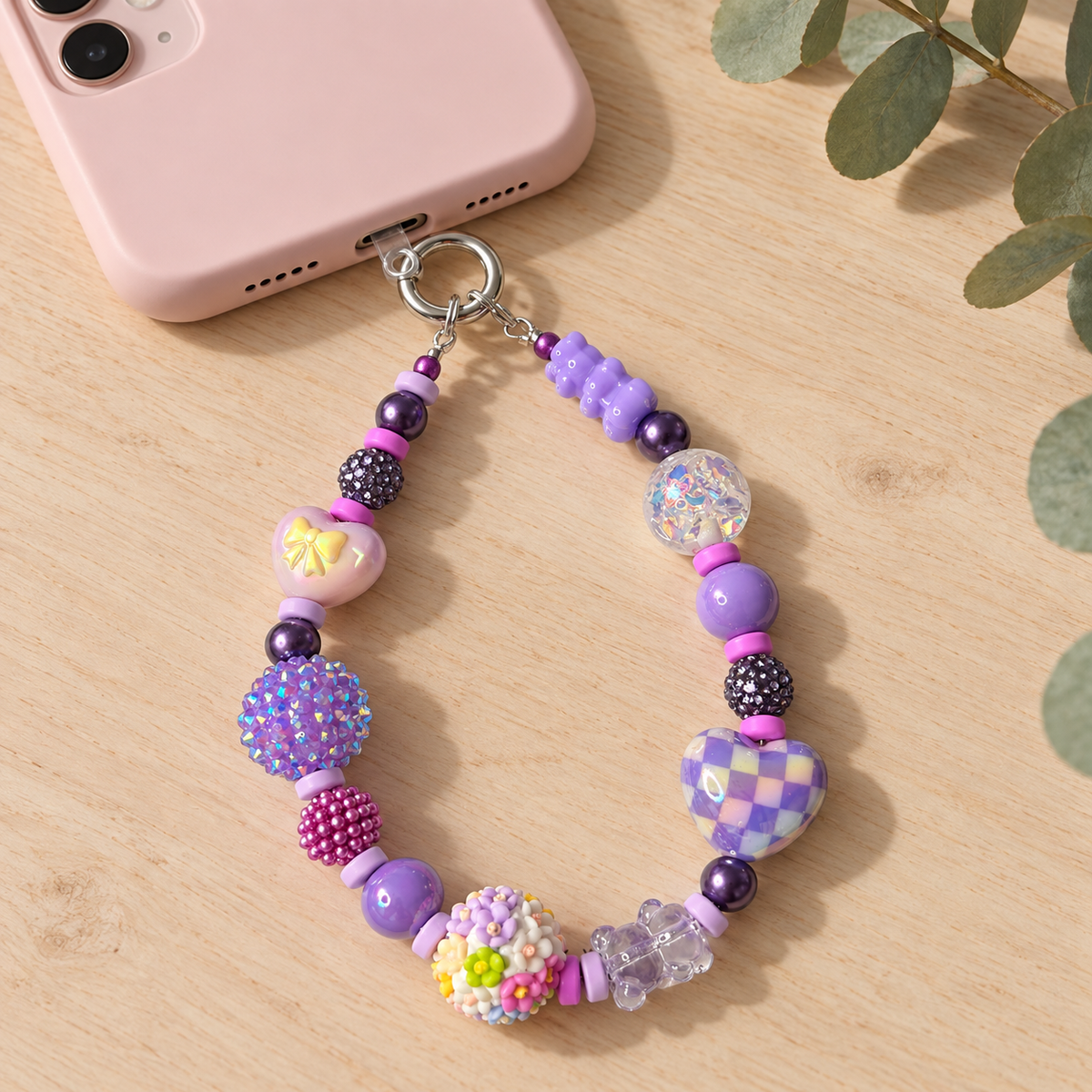 Kawaii Coquette Wristlet Keychain, Handmade Pastel Beaded Charm, Purple Pearl and Glitter Accent, Cute Bag Charm, Aesthetic Accessory