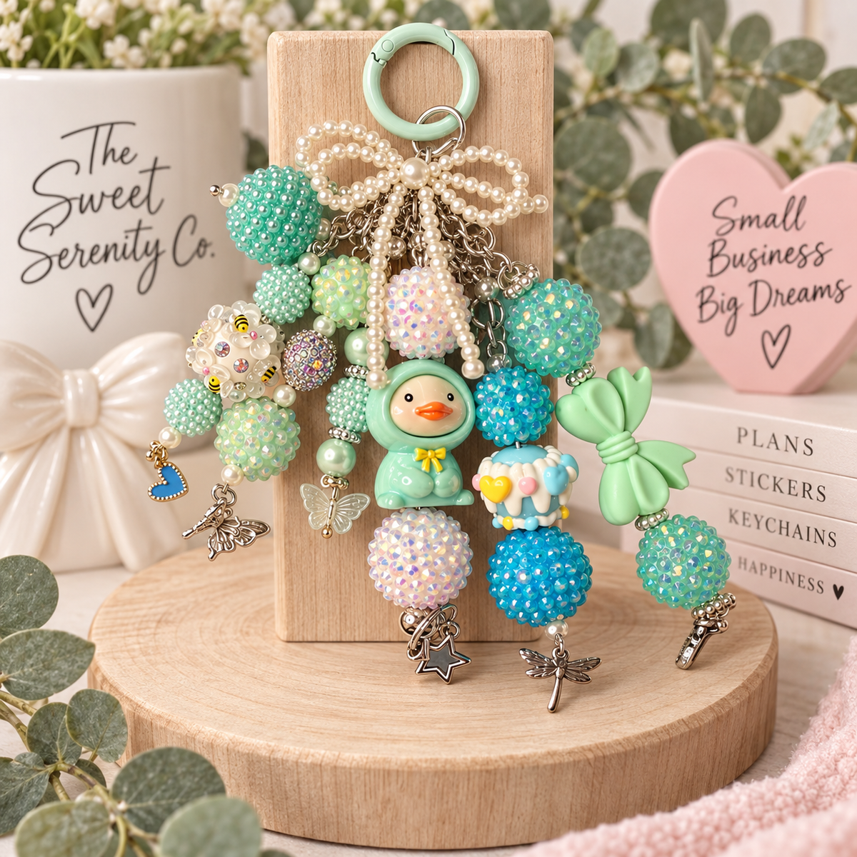 Purse Charm Keychain with Duck and Teal Beads, Cute Bag Accessory, Keychain, handmade gift