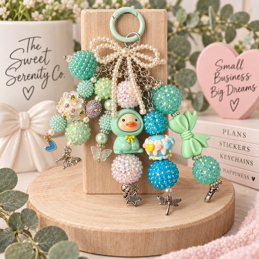 Purse Charm Keychain with Duck and Teal Beads, Cute Bag Accessory, Keychain, handmade gift