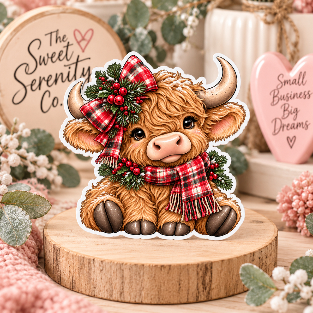 Festive Highland Cow with Tartan Scarf