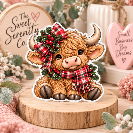 Festive Highland Cow with Tartan Scarf
