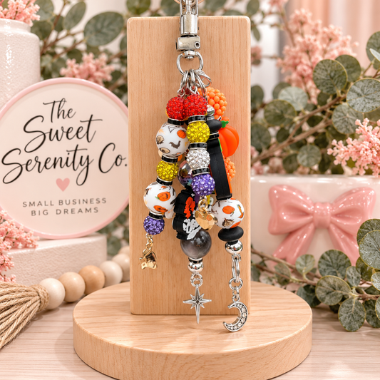 Handmade Halloween Purse Charm | Beaded Keychain & Mirror Accessory