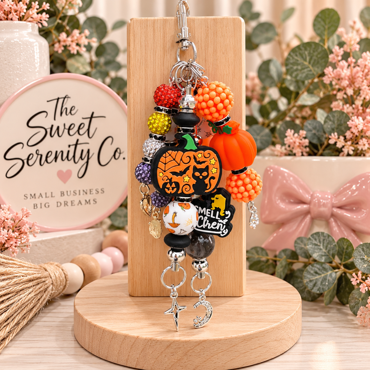 Handmade Halloween Purse Charm | Beaded Keychain & Mirror Accessory