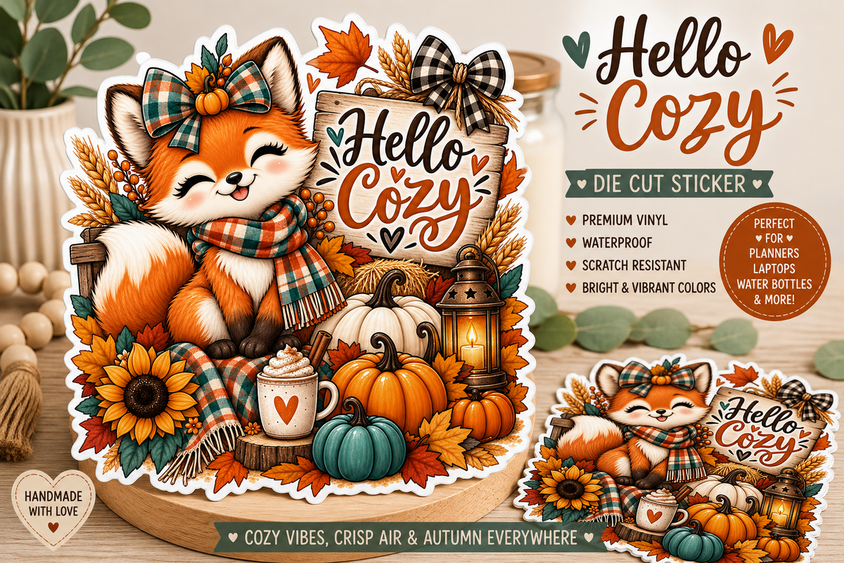 Hello Cozy Fall Decor Sticker Set | Pumpkin, Sunflower, Acorn, Autumn Vibes, Scrapbook, Vinyl Die Cut Sticker for Planner, Journal, Crafting