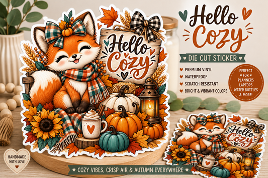 Hello Cozy Fall Decor Sticker Set | Pumpkin, Sunflower, Acorn, Autumn Vibes, Scrapbook, Vinyl Die Cut Sticker for Planner, Journal, Crafting