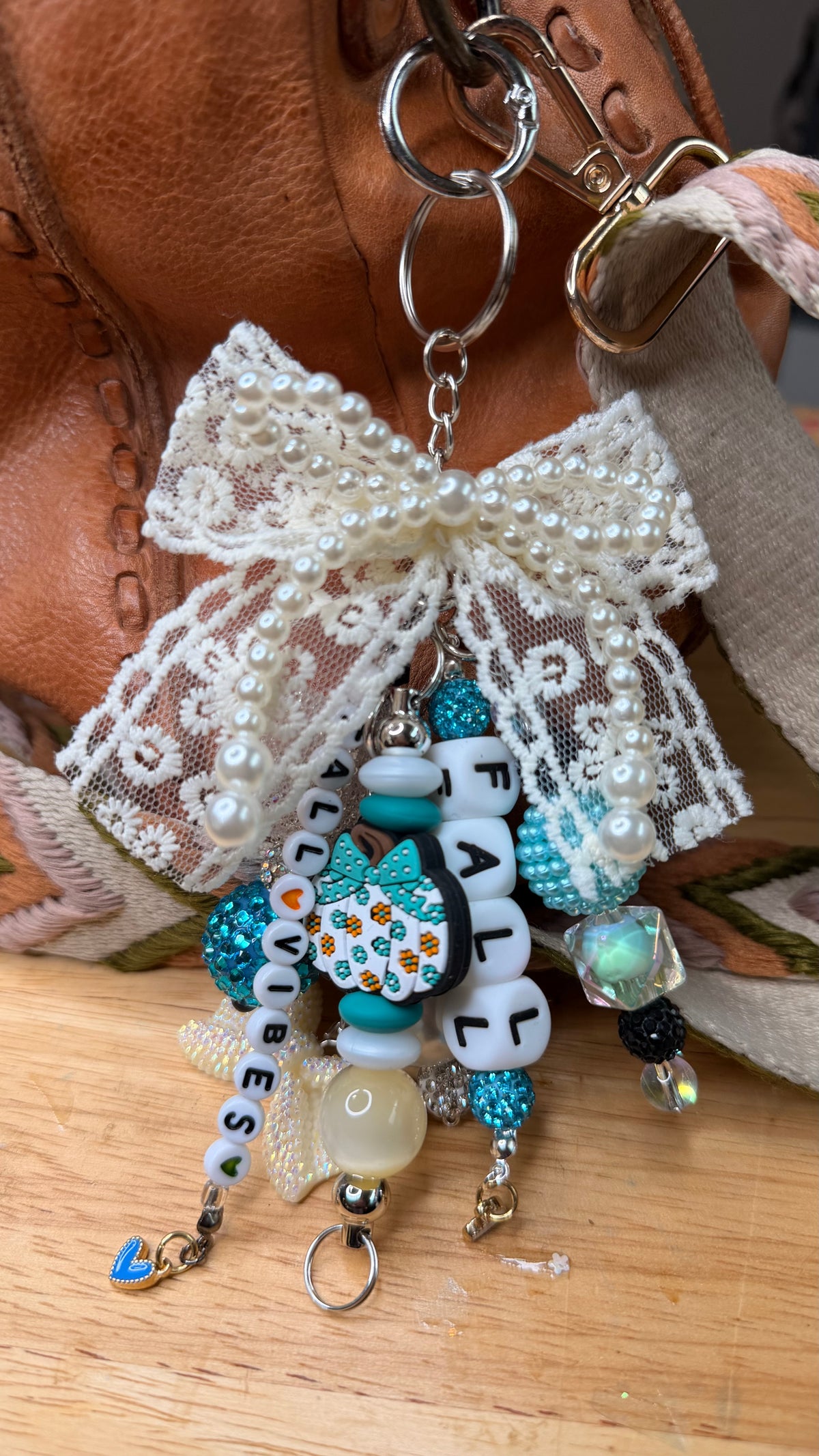 Fall vibes purse charm, beaded bag charm with pearls and floral accents, personalized keychain, cute accessory, holiday gift