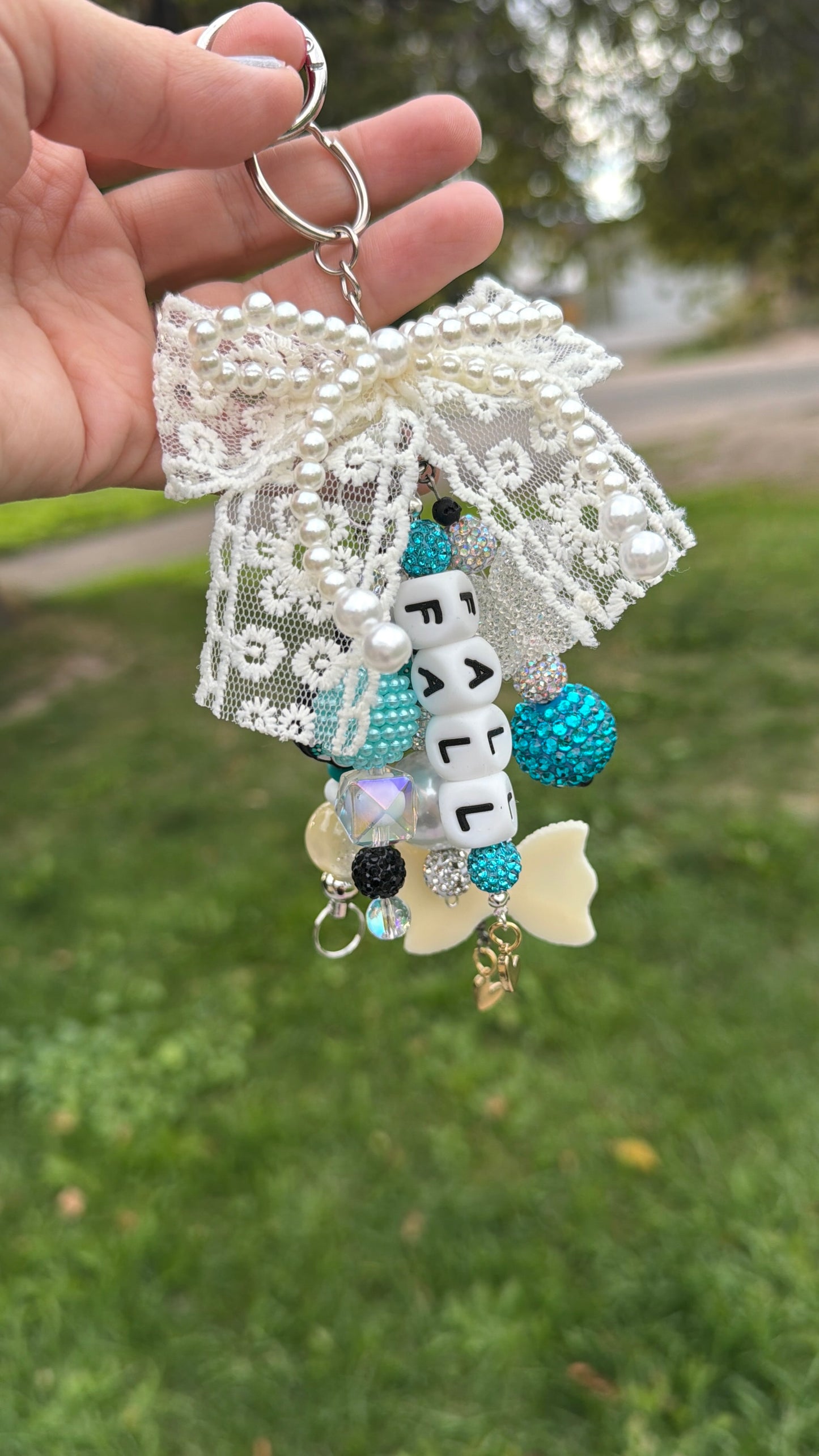 Fall vibes purse charm, beaded bag charm with pearls and floral accents, personalized keychain, cute accessory, holiday gift