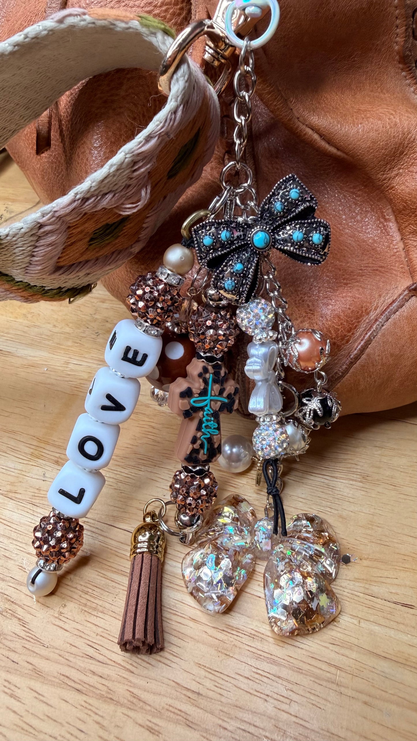 Western faith purse charm, beaded bag charm with turquoise bow, rhinestone cross, cowgirl keychain, cute purse accessory, love charm