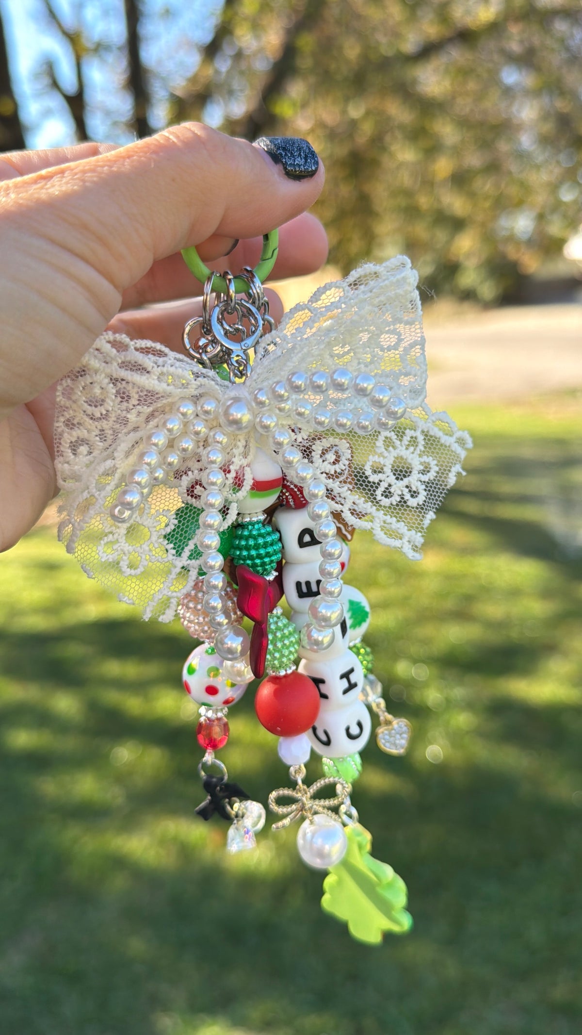 Christmas ornament Purse Charms with beaded charms, holiday decor, cute handmade, festive accessory
