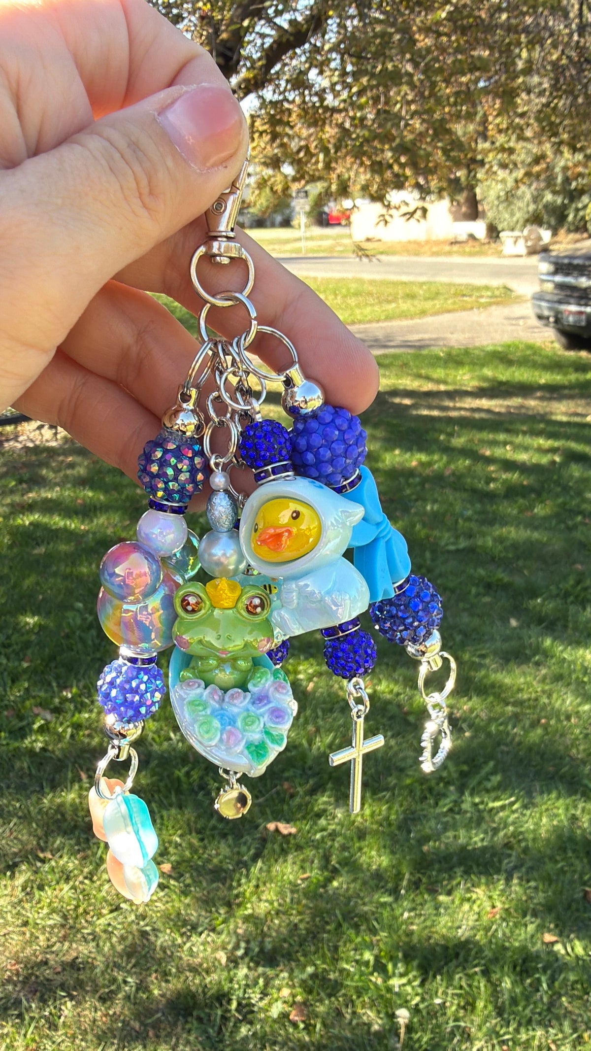 Cute Blue Keychain Purse Charm - Kawaii Duck & Frog Figurines, Handmade Christmas Gift