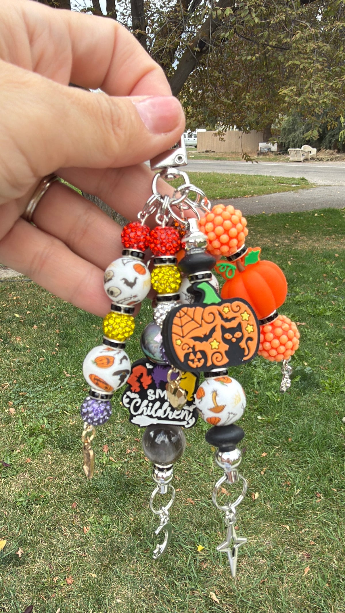 Handmade Halloween Purse Charm | Beaded Keychain & Mirror Accessory