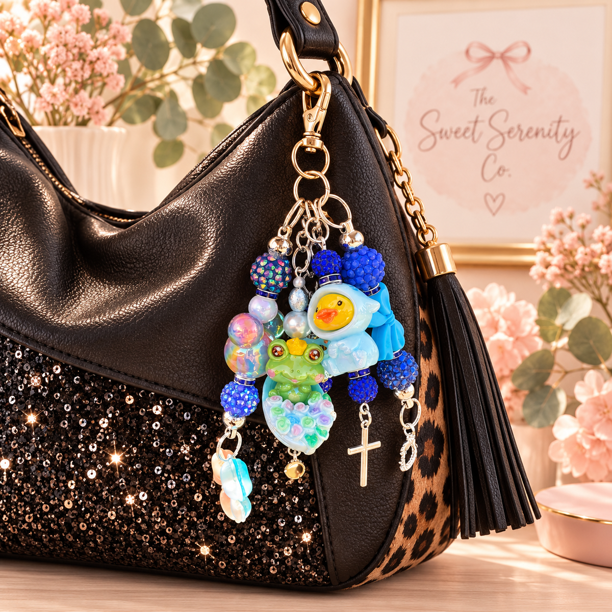 Cute Blue Keychain Purse Charm - Kawaii Duck & Frog Figurines, Handmade Christmas Gift