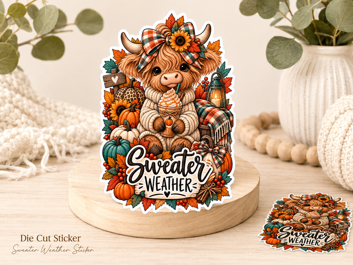 Sweater Weather Highland Cow Sticker, Cute Fall Die Cut Vinyl Sticker, Autumn Pumpkin Sticker, Cozy Fall Sticker, Highland Cow Gift