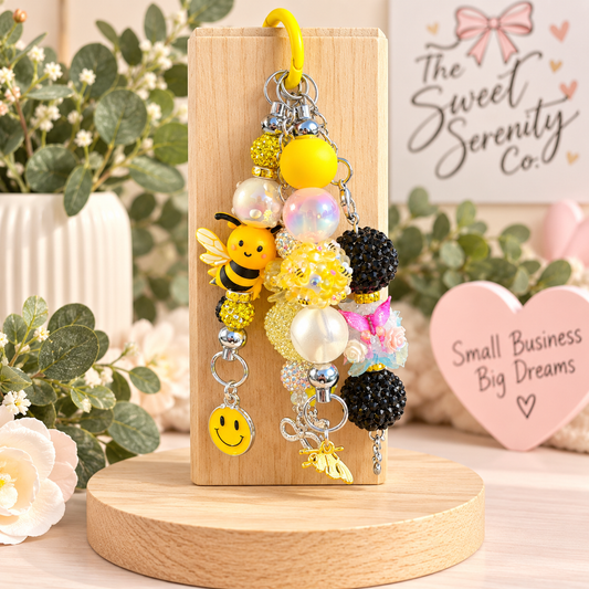 Bubble Bee Keychain Purse Charm Handmade, Cute Gift for Her, Beaded Bag Accessory, Whimsical charms