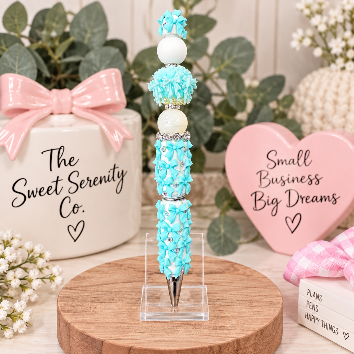 Handmade Blue Bow Beaded Pen, Stylish Office Desk Accessory
